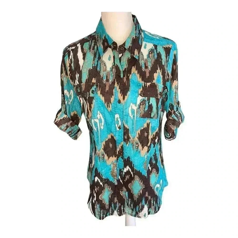 Signature by Larry Levine Women’s Petite Large Teal Brown White Button Down
